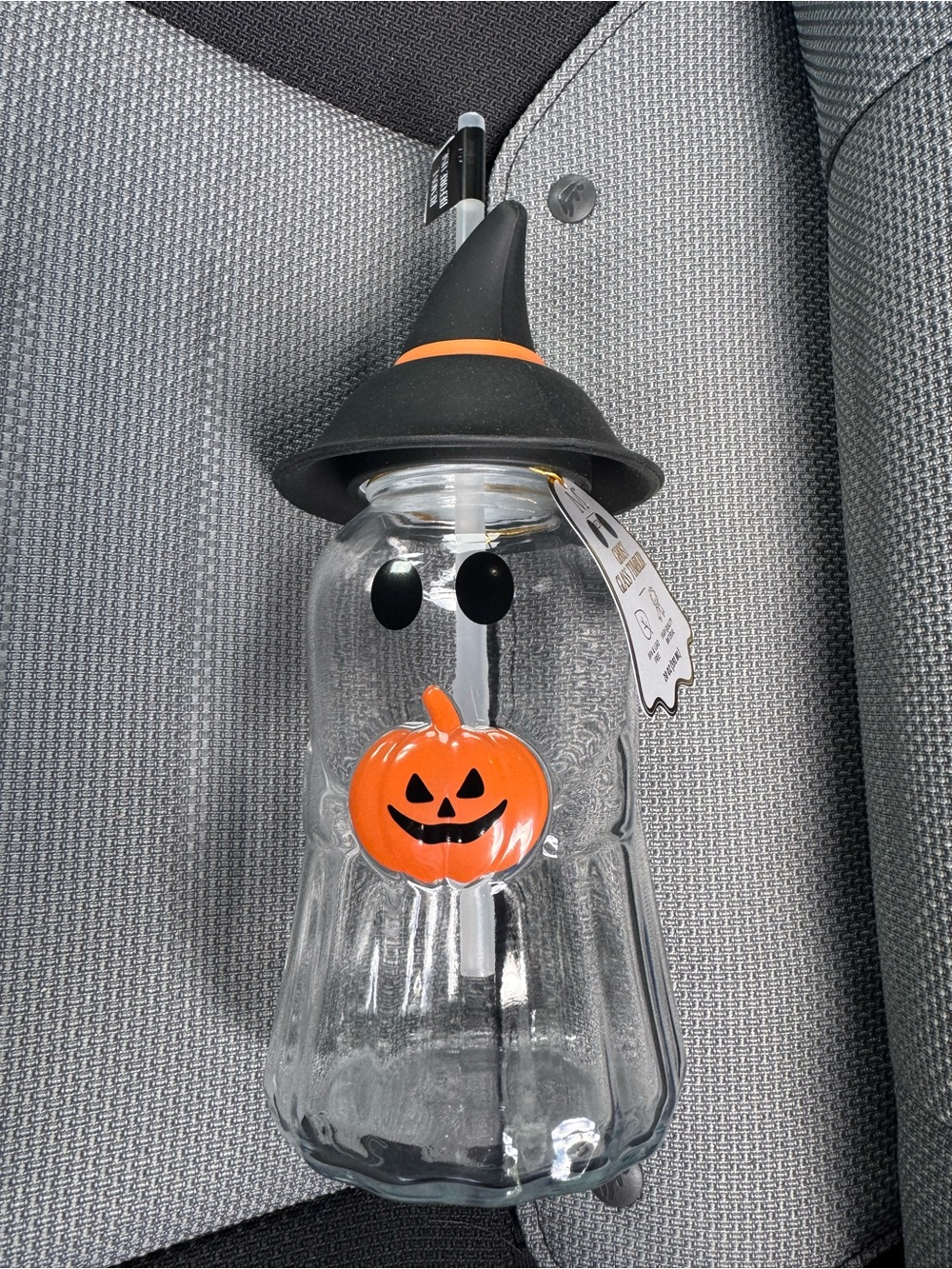 Halloween Glass Ghost Jar with Black Witch Hat and Orange Pumpkin Accent